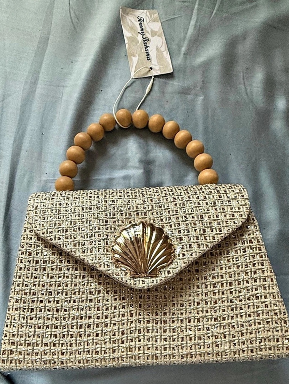 Tommy Bahama Beige Top Handle Bag, Shell Clasp, Gold Chain Strap,